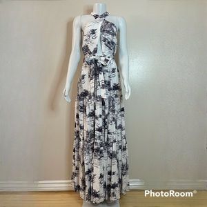 White blue palm tree print crisscross halter neck belted maxi dress